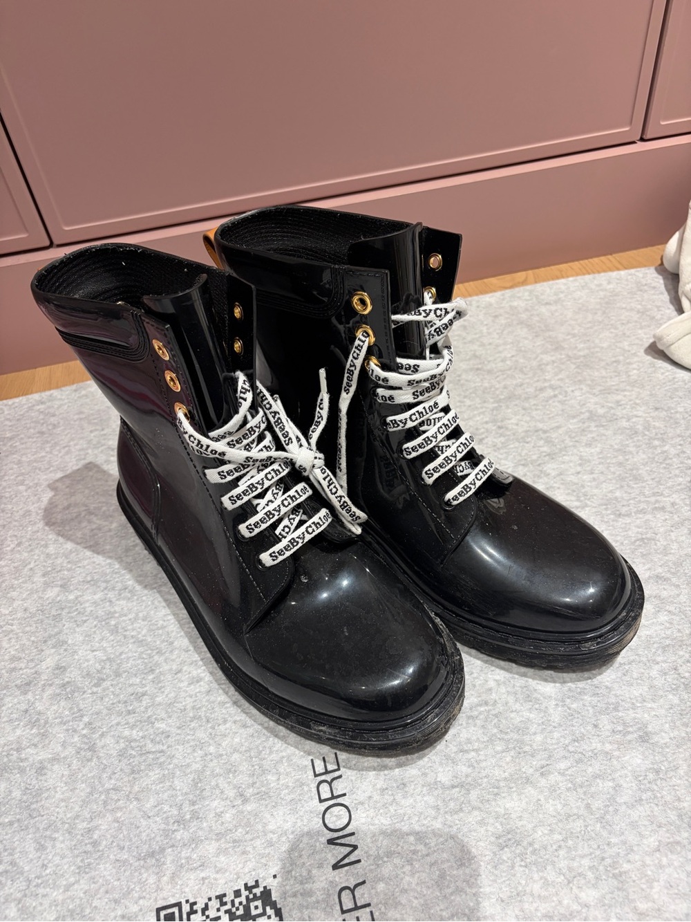 See By Chloe Black Patent Lace-Up Ankle rain Boots